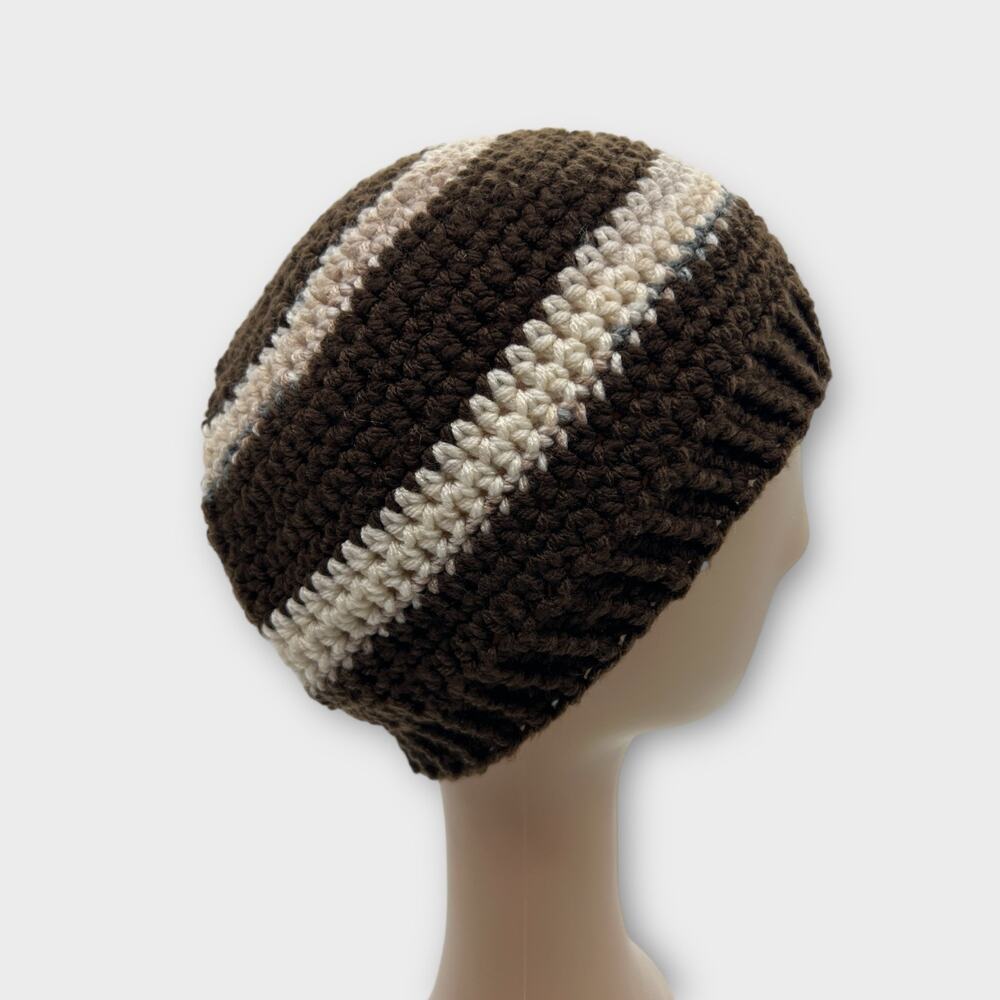 Knit Woven‎ Wide Brown White Stripe Beanie Knit Hat Outdoors Unisex X-Small